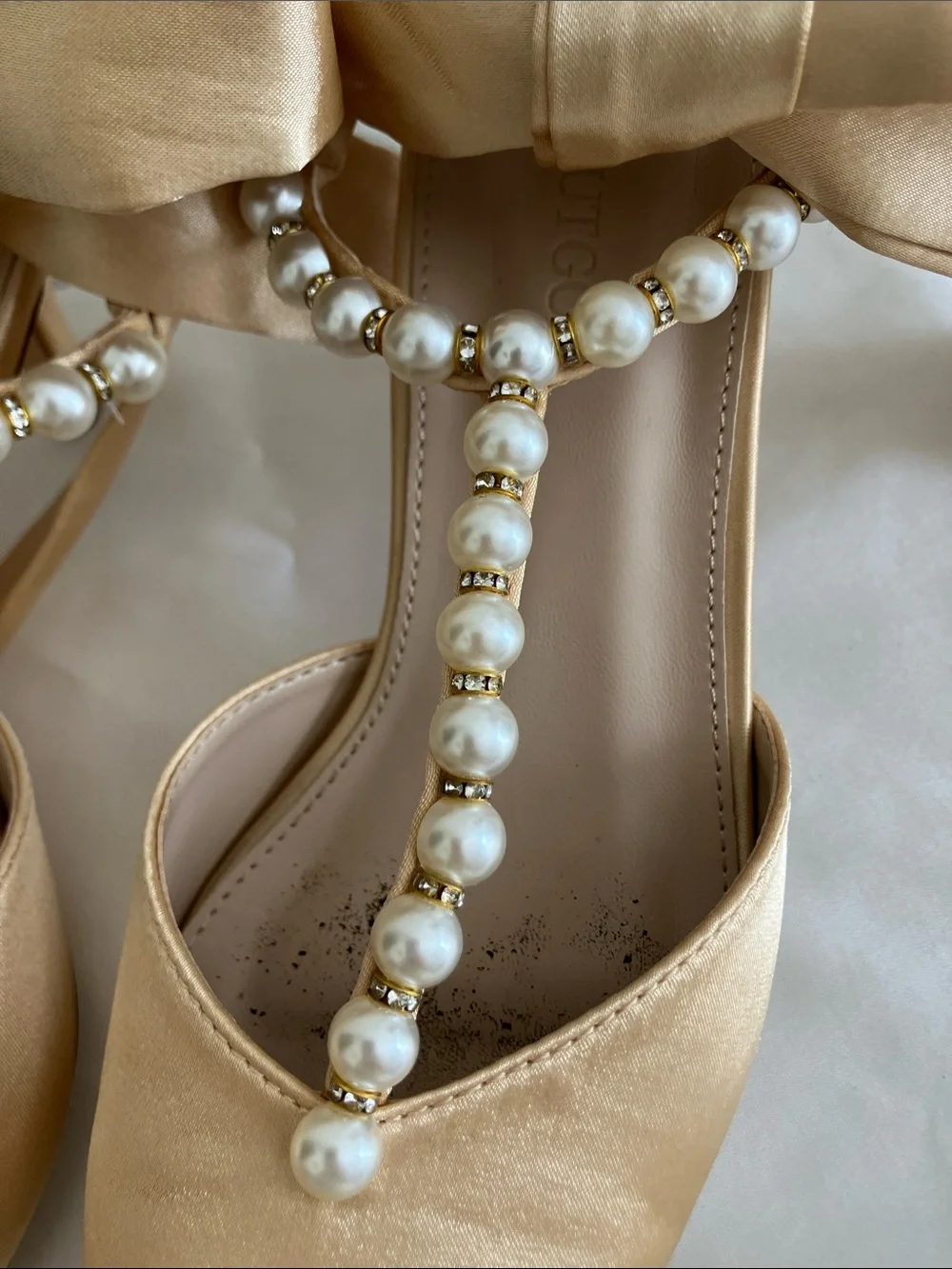 Pearl-T Satin Ankle Tie Pumps in Champagne